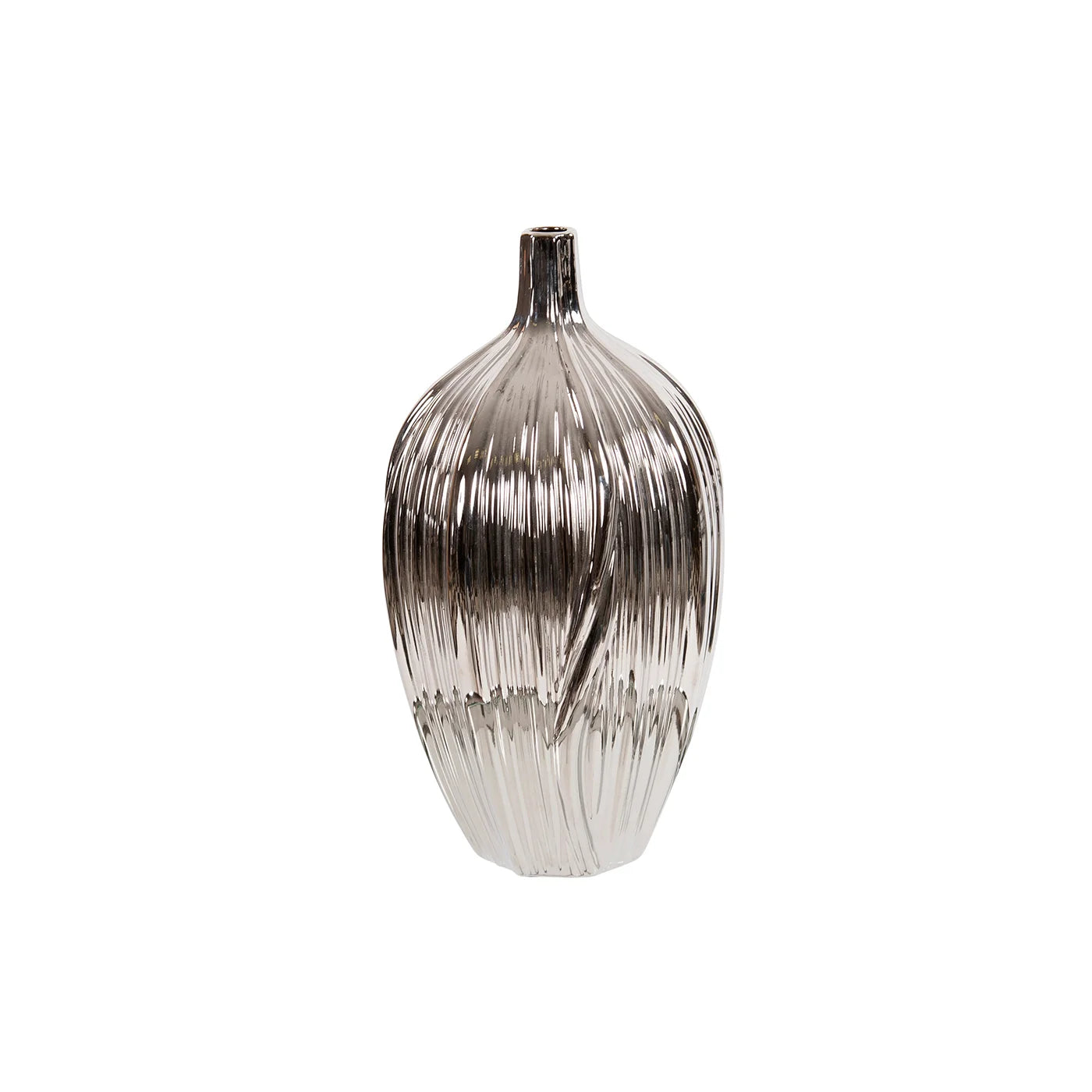 Metallic Ribbed Silver Short Bottle Vase