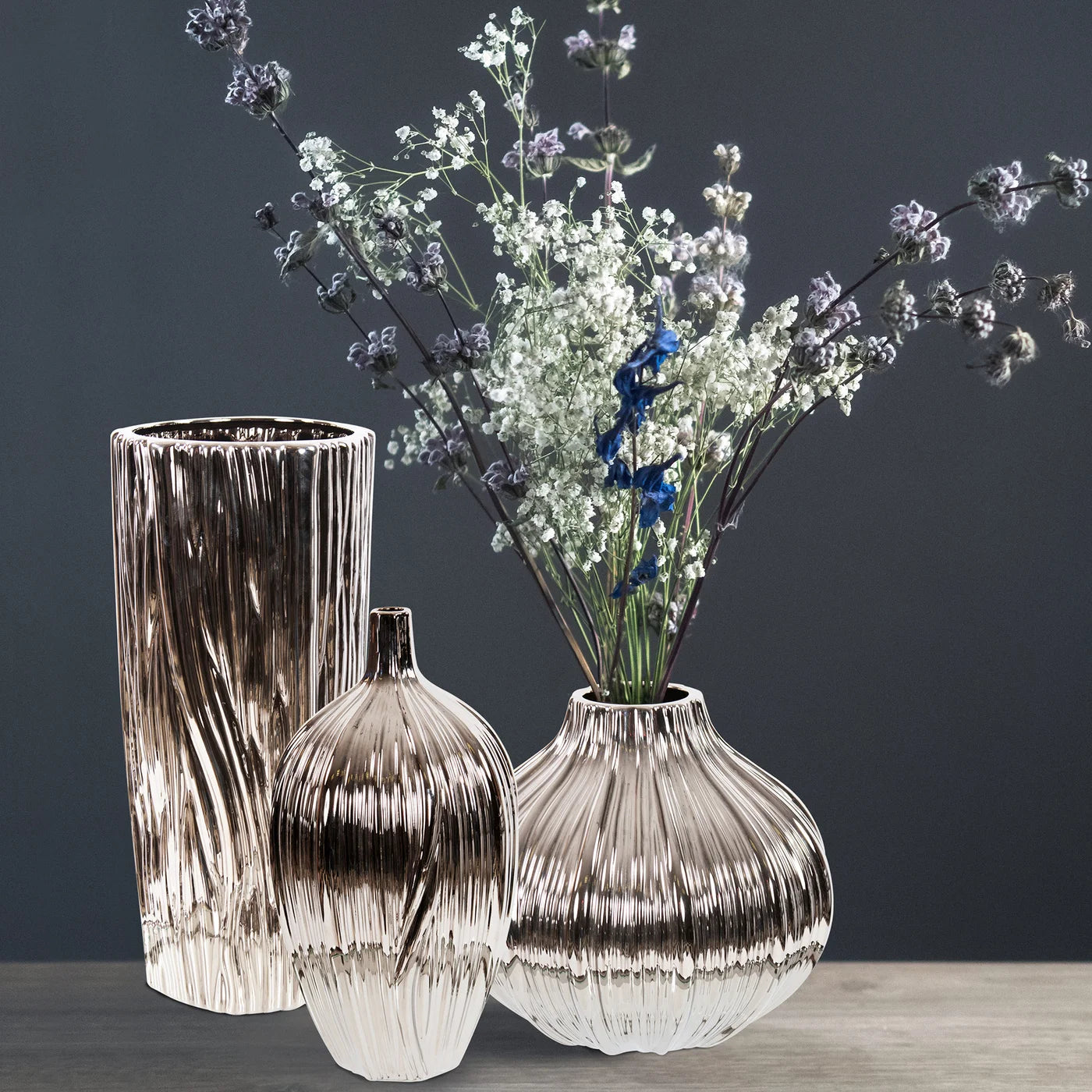Metallic Ribbed Silver Wide Bottle Vase