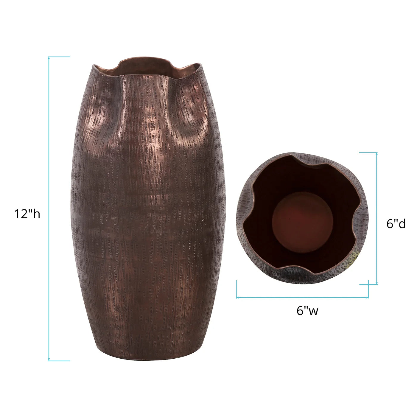 Textured Deep Copper Aluminum Pinched Top Vase - Small